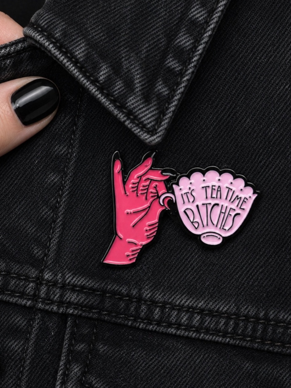 It’s Tea Time Enamel Pin Pink Teacup Hand Novelty Brooch NWT